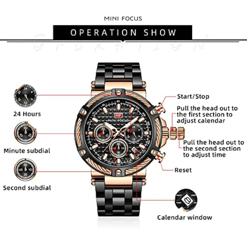 Stainless Steel Chronograph Watch with Luminous Hands, Water Resistant